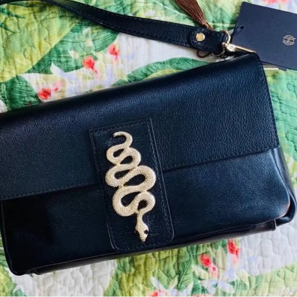 House of Harlow 1960 Leather Gold Snake Purse in Black